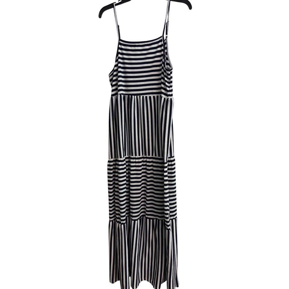 Dark Navy Blue White Striped Tiered Maxi Dress Large Sundress Straps Nautical